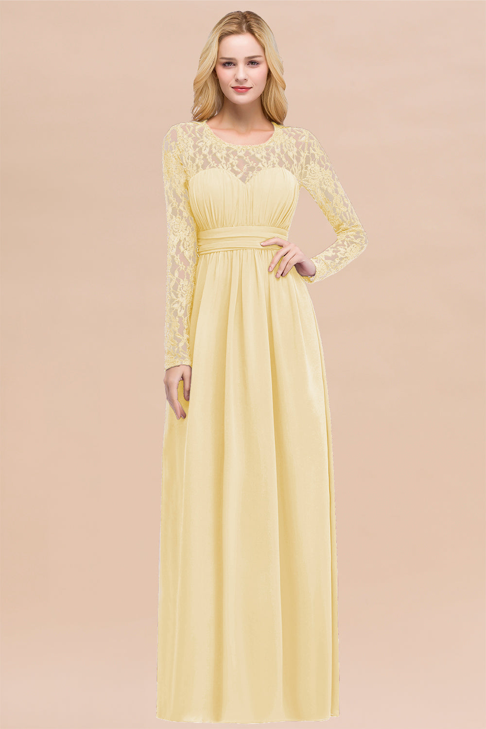 Elegant A-Line Chiffon Jewel Long Sleeves Ruffles Floor Length Bridesmaid Dresses