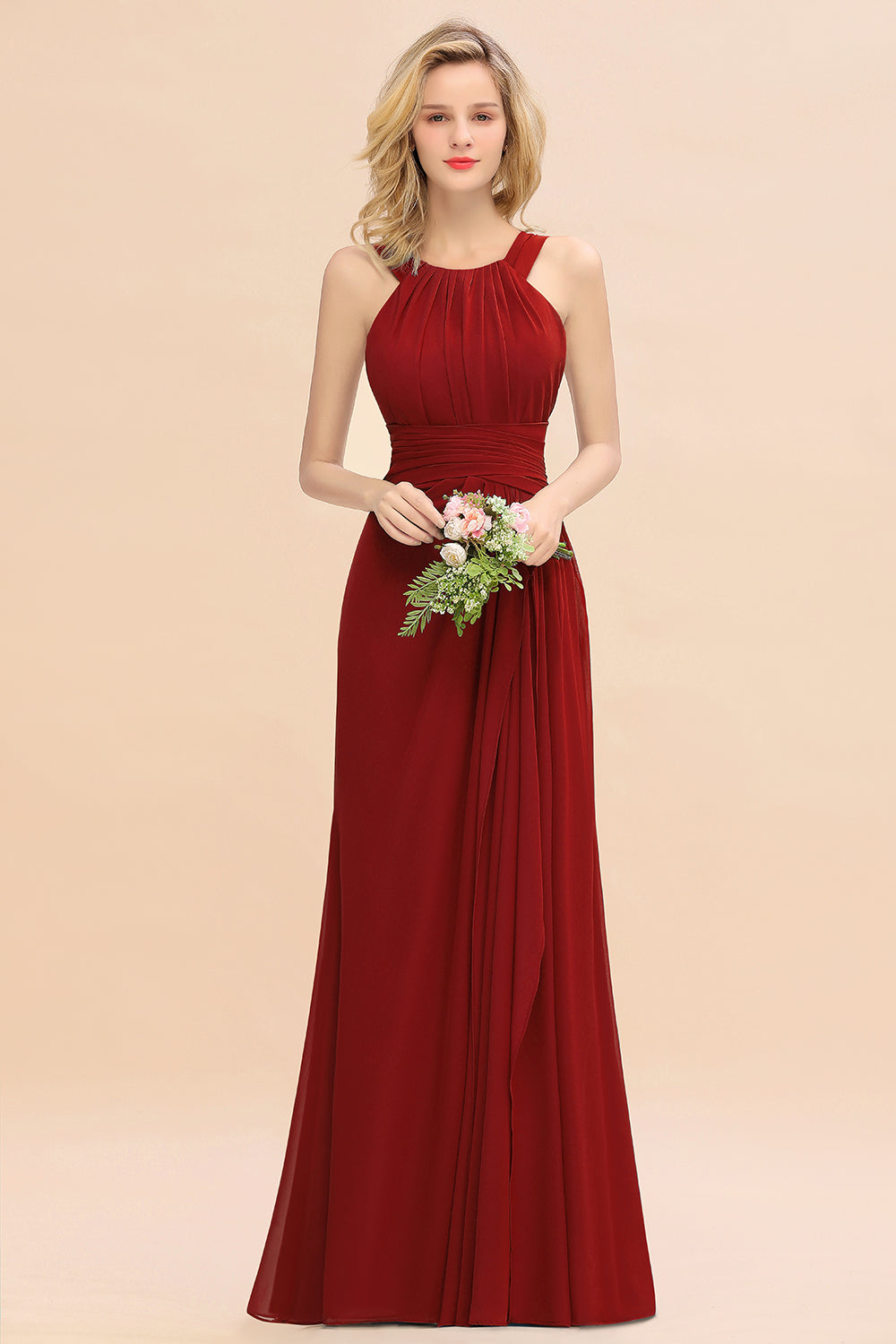 Long A-line Halter Chiffon Backless Floor Length Bridesmaid Dresses
