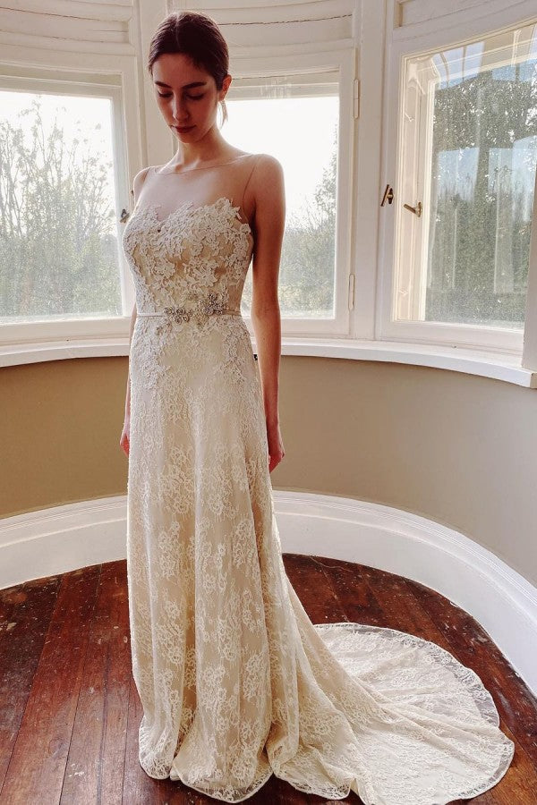 Classy Long Bateau Appliques Lace Floor Length Mermaid Wedding Dress