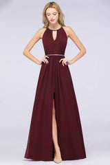 A-line Chiffon Halter Sleeveless Floor Length Bridesmaid Dress with Beading Sash