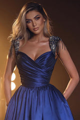 Long A-Line Sweetheart Satin Prom Dress with Pockets
