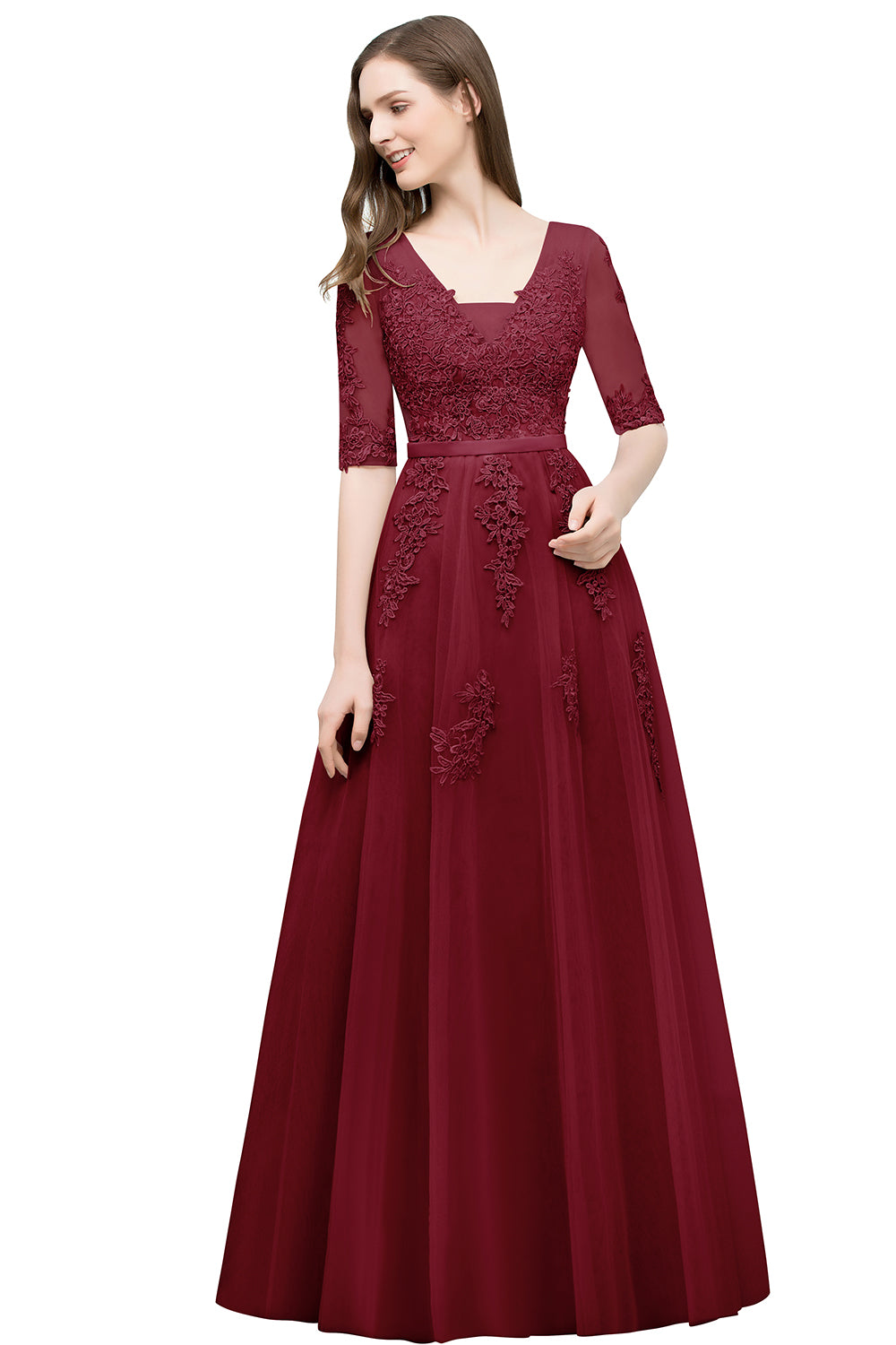 Long V-neck Tulle Lace A-line Evening Dress with Sleeves