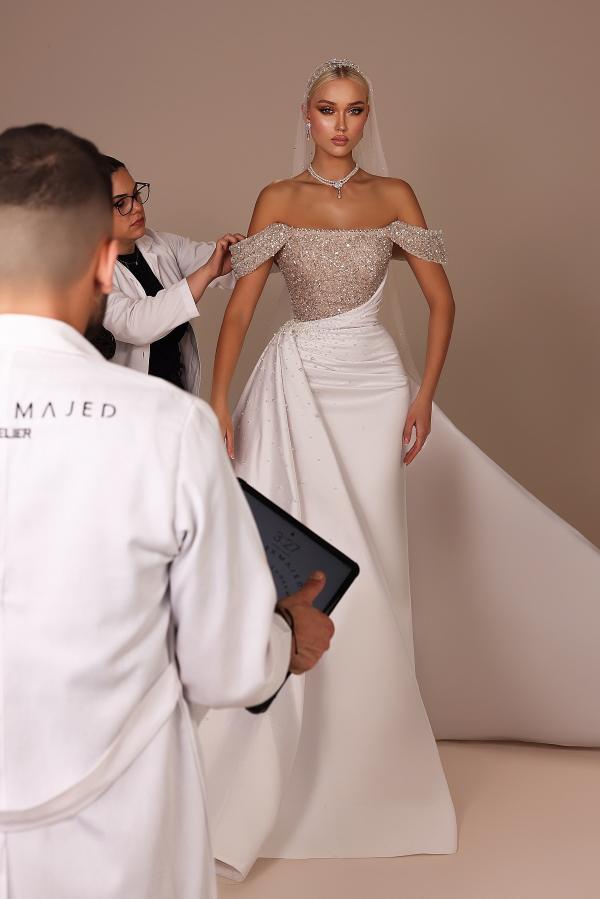 Long Off The Shoulder Mermaid Satin Sequined Wedding Dress