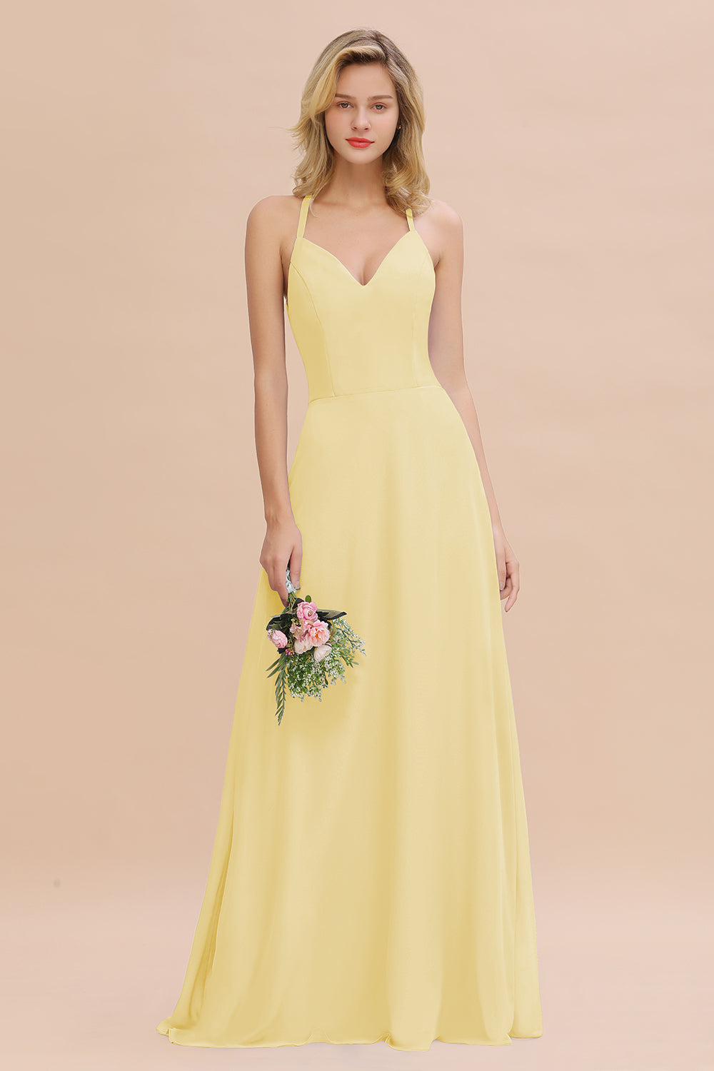 Stylish Chiffon Spaghetti Straps Sleeveless Long Bridesmaid Dress