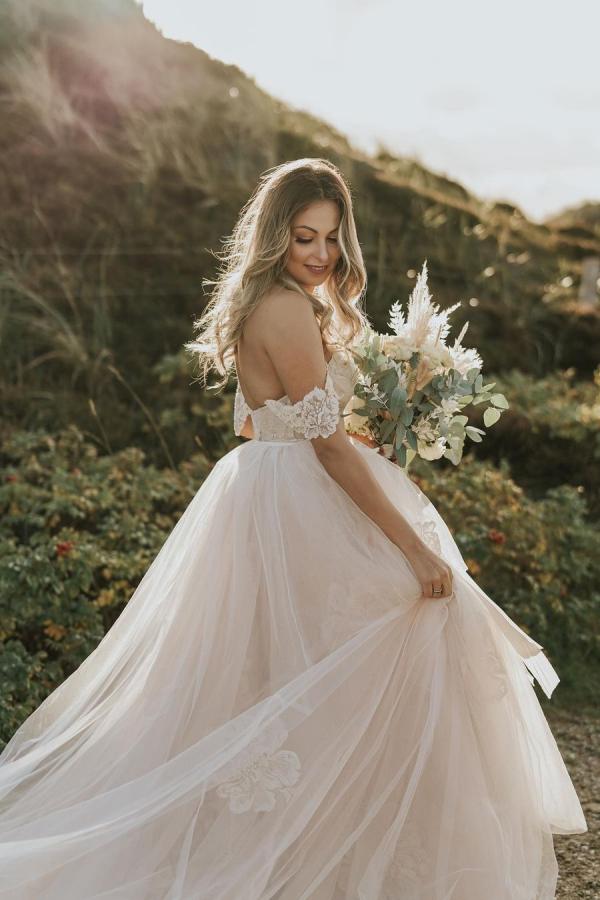 Long A-Line Off the Shoulder Backless Appliques Lace Floor Length Tulle Wedding Dress