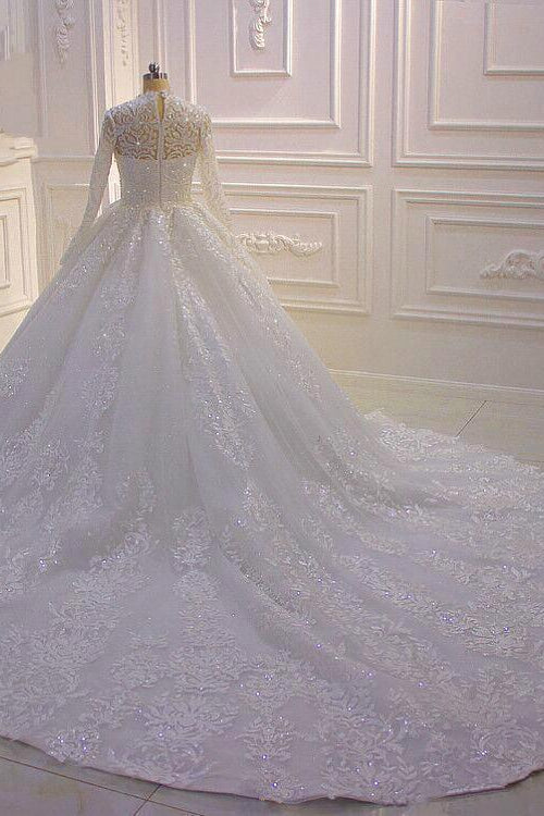 Long High Neck Appliques Lace Ball Gown Ruffles Wedding Dress with Long Sleeve