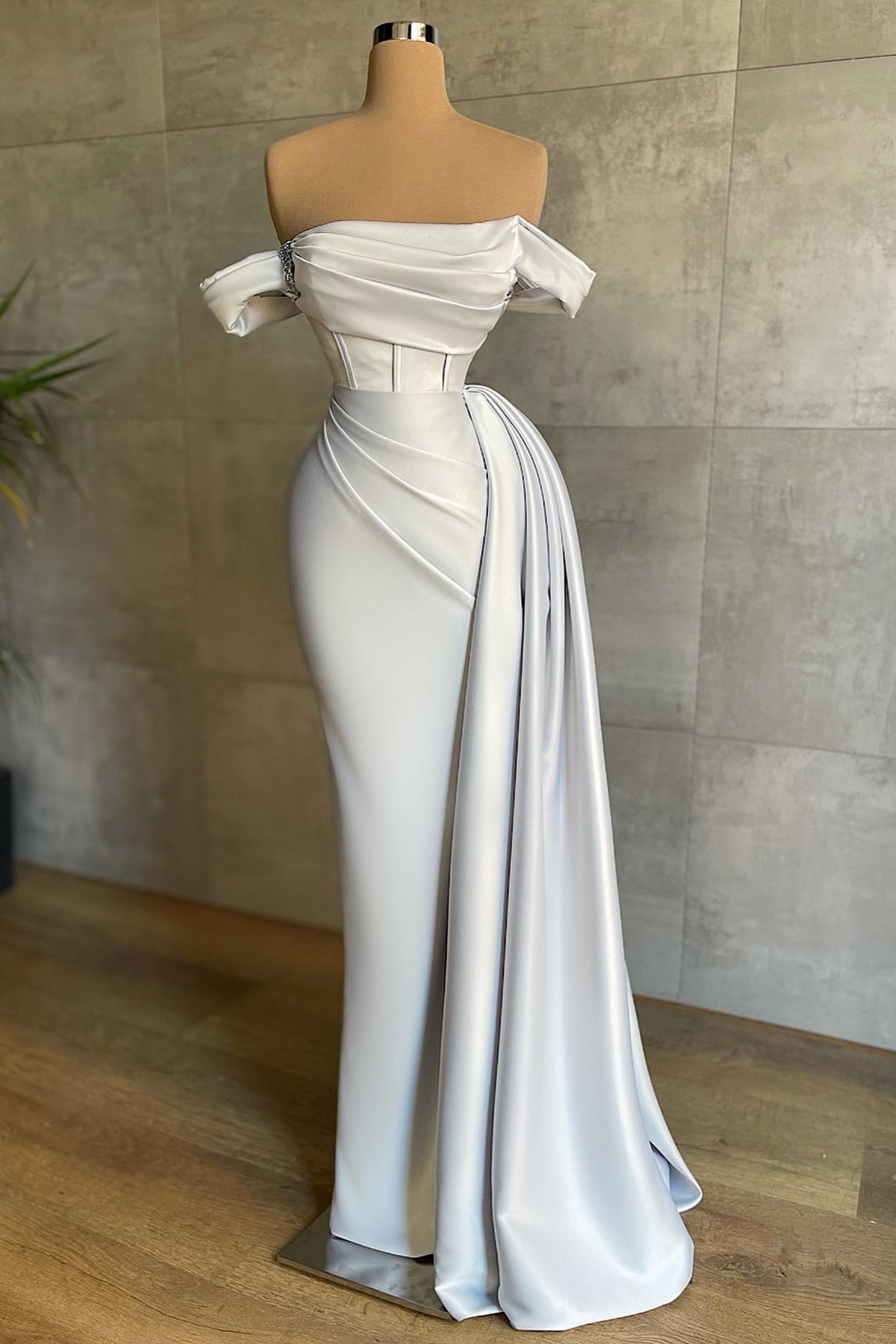 White Off The Shoulder Mermaid Satin Long Prom Dress