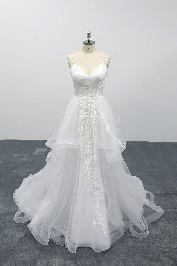 Long A-line Sweetheart Appliques Spaghetti Strap Tulle Backless Wedding Dress