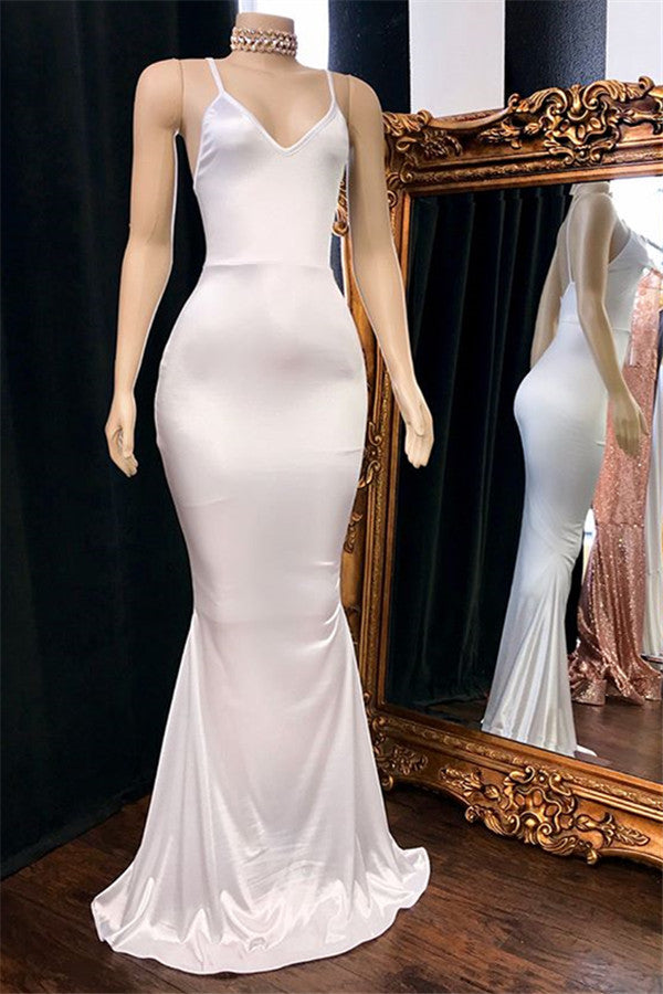 Long V-neck Spaghetti Straps Mermaid Backless Prom Dress