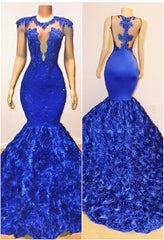 Royal Blue Long Flowers Sleeveless Mermaid Prom Dress With Lace Appliques