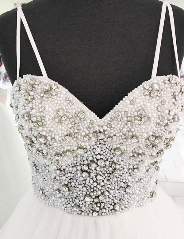 Elegant Long Spaghetti Straps Tulle A-line Beaded Wedding Dresses