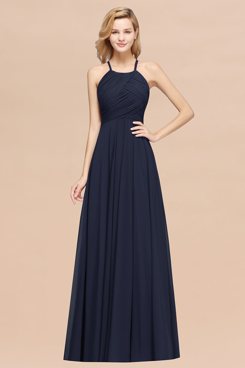 A-Line Chiffon Halter Ruffles Floor Length Bridesmaid Dress