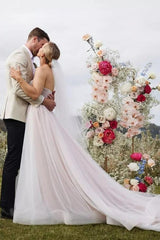 Elegant Long A-line Strapless Backless Floor Length Tulle Wedding Dresses