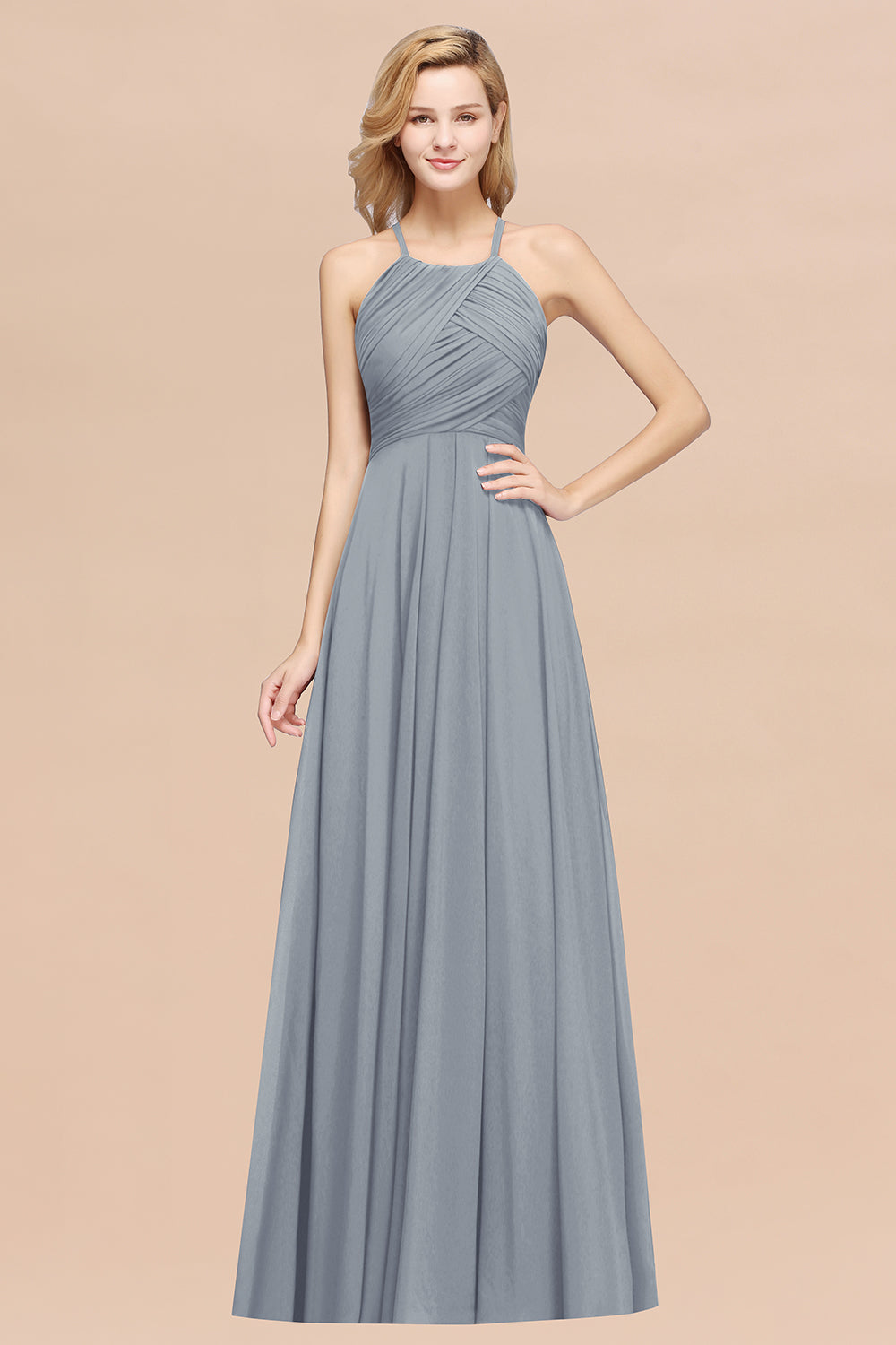 A-Line Chiffon Halter Ruffles Floor Length Bridesmaid Dress