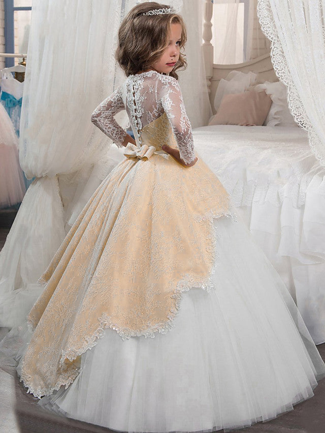 Long A-line Jewel Neck Tulle Lace First Communion Flower Girl Dresses with Sleeves