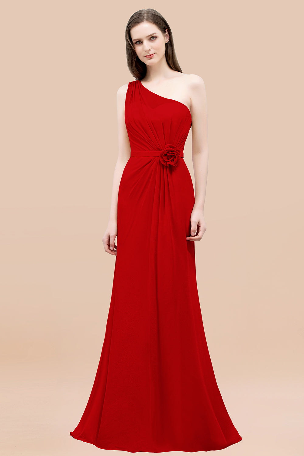 Mermaid Chiffon One Shoulder Sleeveless Ruffled Floor Length Bridesmaid Dresses with Flower