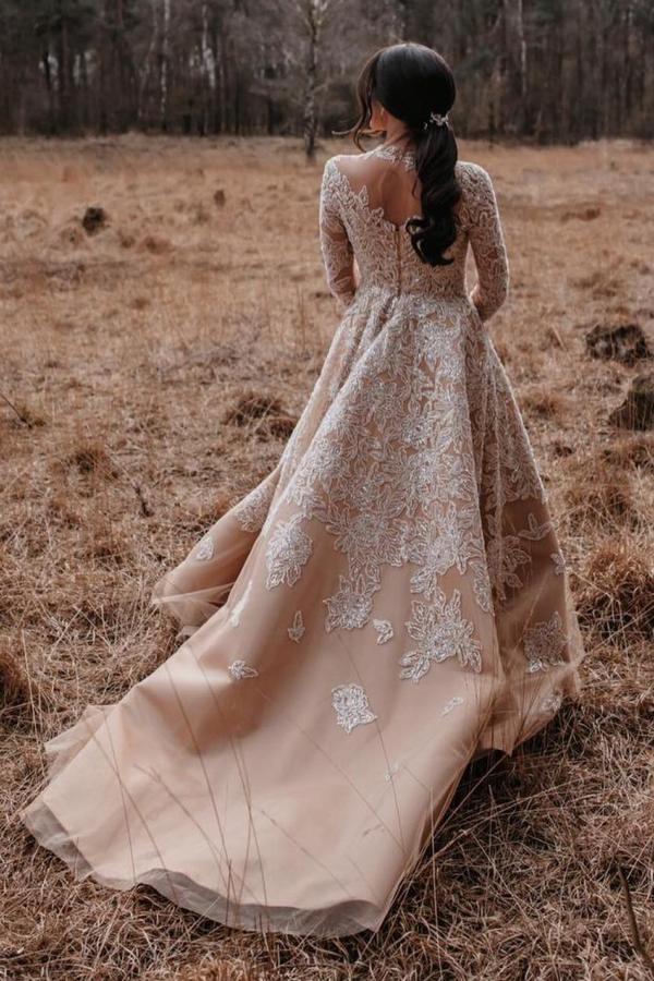 Charming Champagne Long A-line High Neck Tulle Lace Wedding Dresses with Sleeves