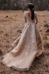 Charming Champagne Long A-line High Neck Tulle Lace Wedding Dresses with Sleeves