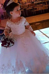Cute Ball Gown Long Sleeves Tulle Flower Girl Dress with Lace Appliques