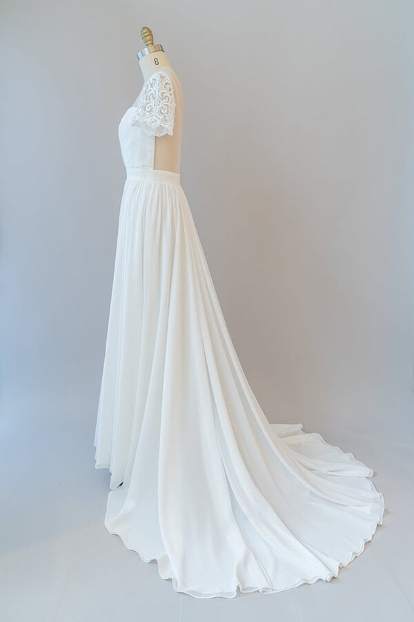 Long Sweetheart Ruffle Chiffon A-line Wedding Dress with Short Sleeve