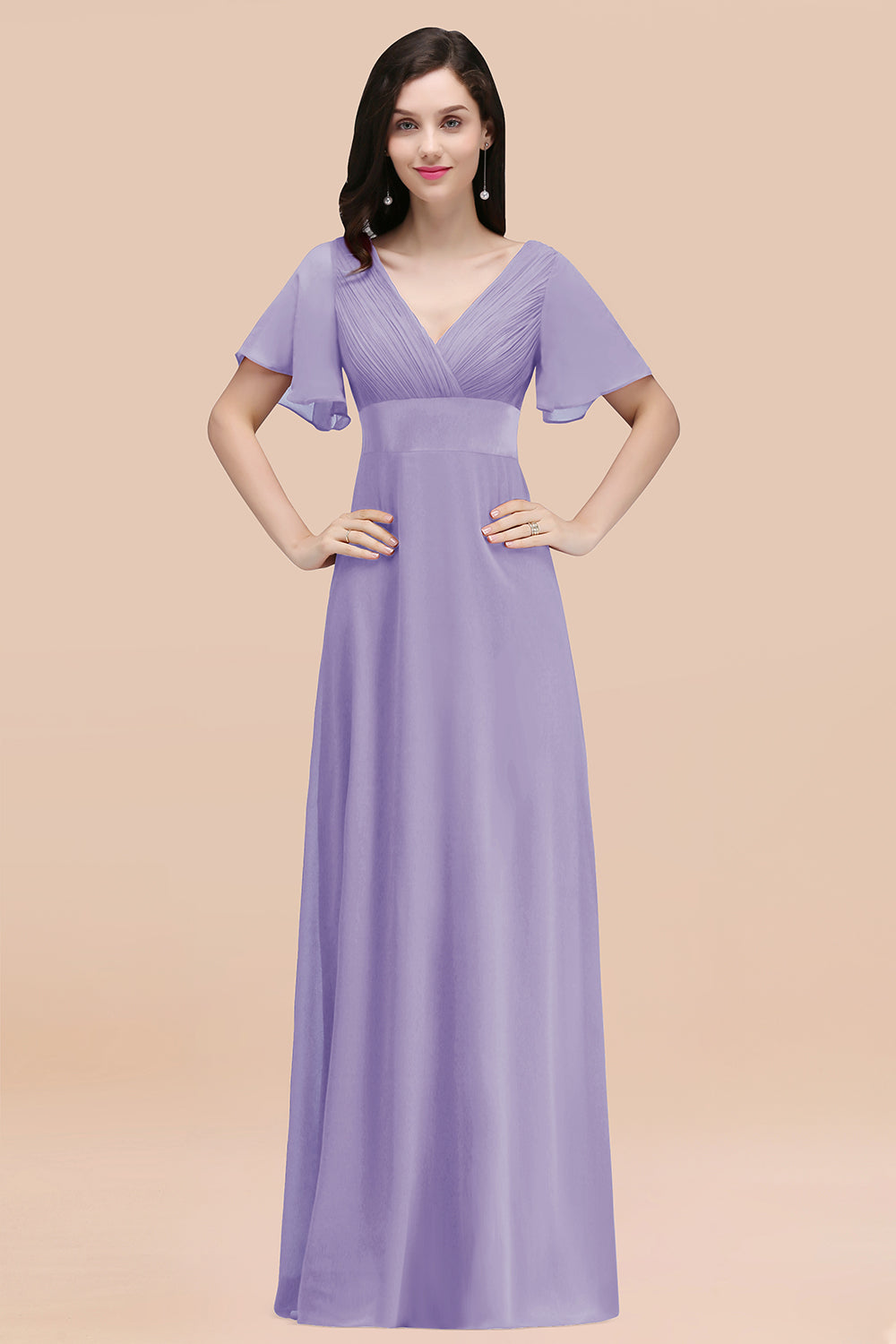 Simple A-Line Chiffon V-Neck Short Sleeves Ruffles Floor Length Bridesmaid Dresses