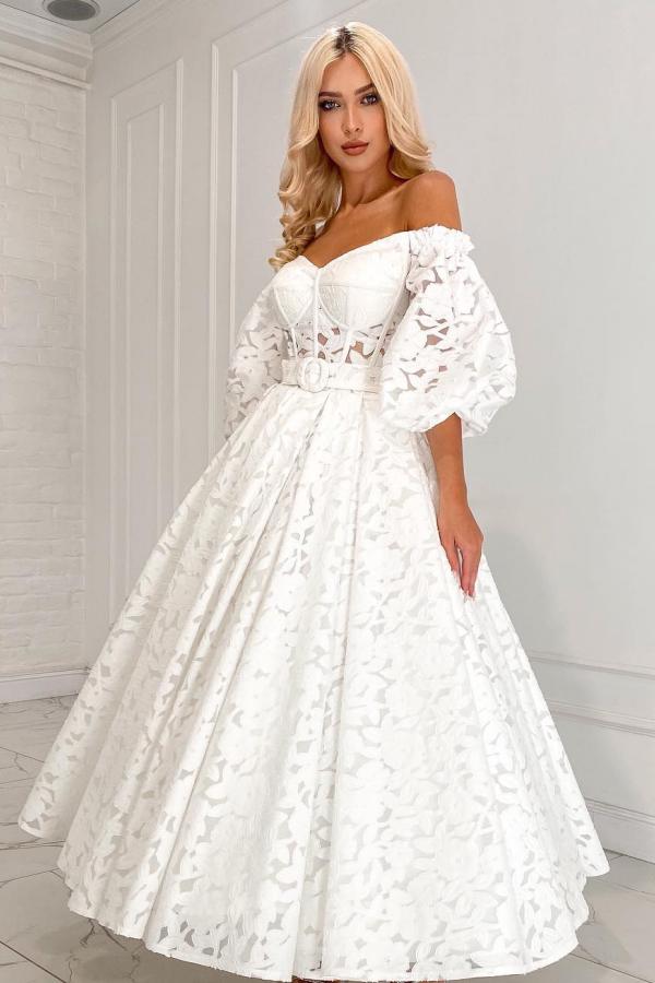 Long Sleeve Off The Shoulder A Line Lace White Wedding Dress