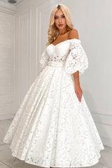 Long Sleeve Off The Shoulder A Line Lace White Wedding Dress