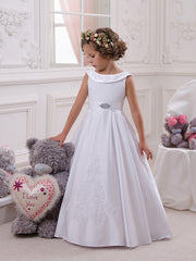White A-line Satin Flower Girl Dresses Long Christmas Dresses