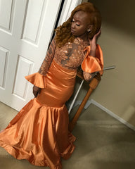 Elegant Long Jewel Satin Mermaid Prom Dress with Sleeves