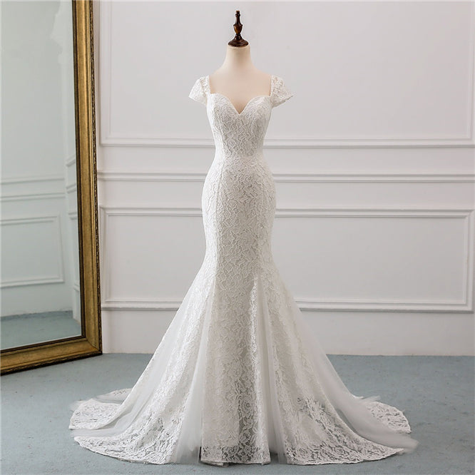 Elegant Long Mermaid Sweetheart Lace Wedding Dress with Cap Sleeves