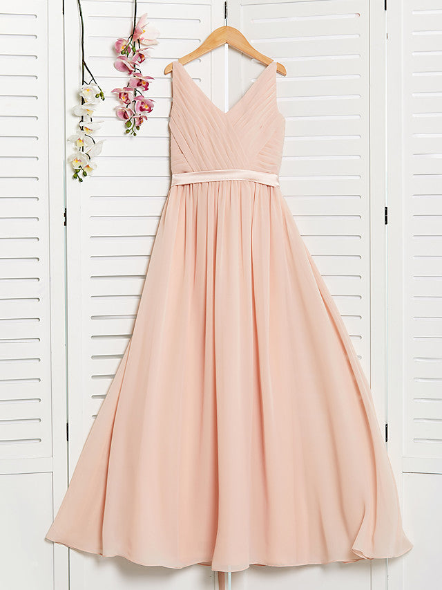 A-Line V Neck Chiffon Long Junior Bridesmaid Dress