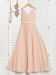 A-Line V Neck Chiffon Long Junior Bridesmaid Dress