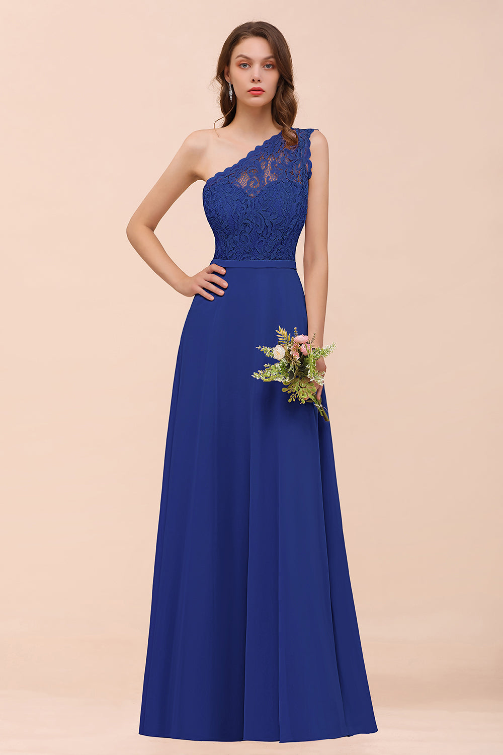 Classy One Shoulder Appliques Lace Floor Length A-Line Chiffon Bridesmaid Dress