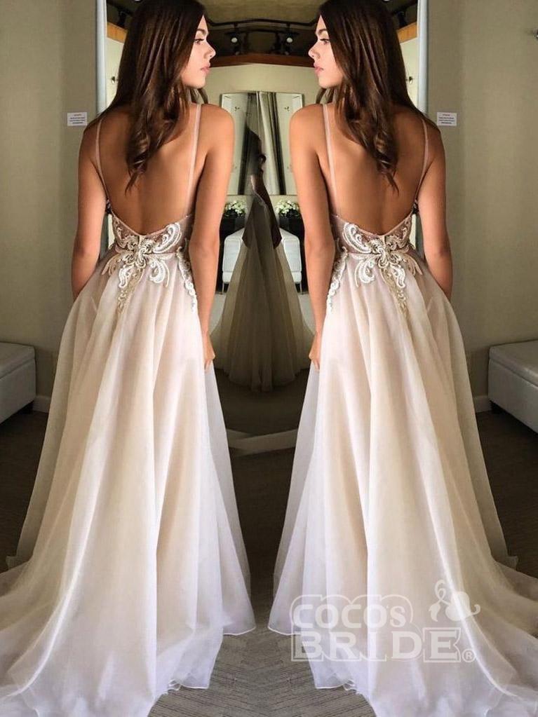 Long A-line V-neck Spaghetti Straps Lace Appliqued Beach Wedding Dress