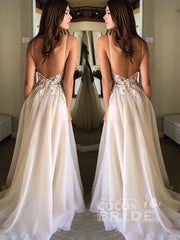 Long A-line V-neck Spaghetti Straps Lace Appliqued Beach Wedding Dress