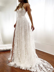 Long A-Line Sweetheart Spaghetti Strap Tulle Lace Wedding Dresses with Slit