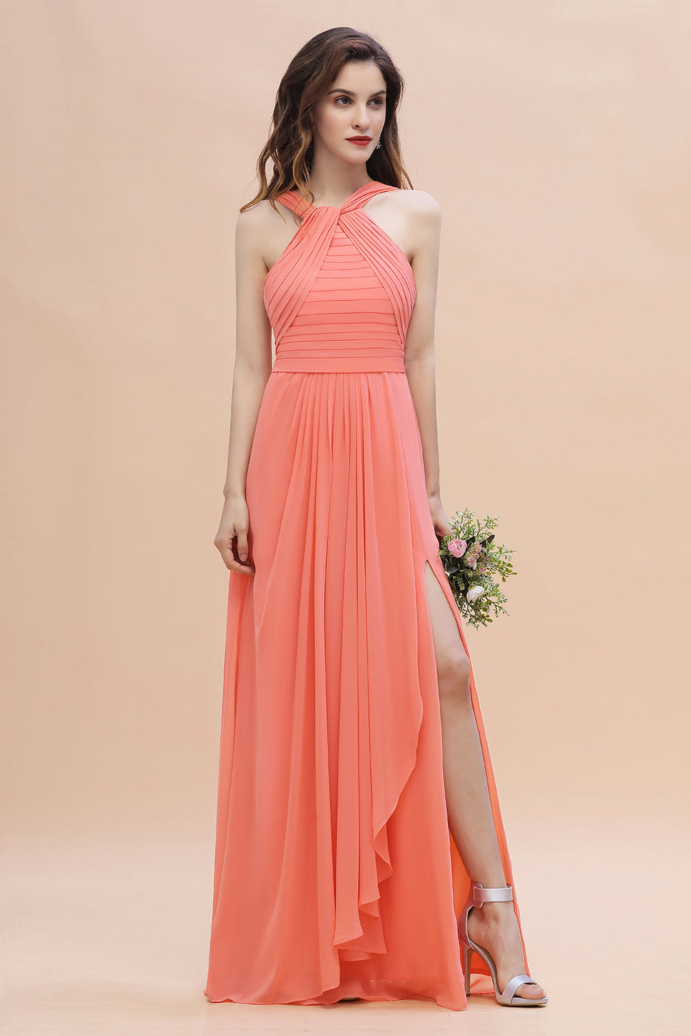 Chiffon Long Bridesmaid Dress A-Line Wedding Guest Dress With Side Slit