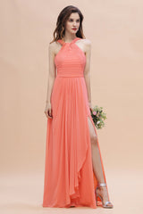 Chiffon Long Bridesmaid Dress A-Line Wedding Guest Dress With Side Slit