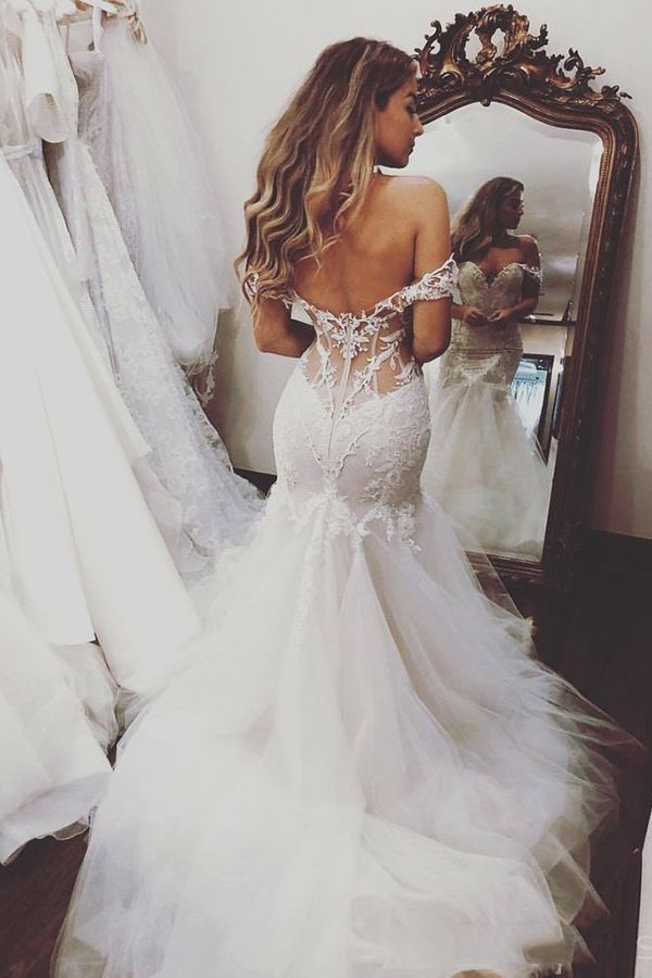 Long Mermaid Off the Shoulder Tulle Lace Backless Wedding Dresses