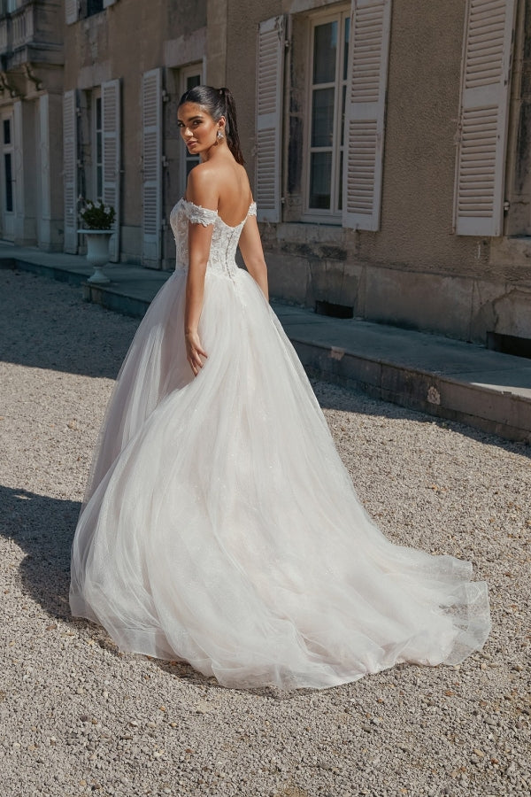 Long A Line Off The Shoulder Open Back Tulle Wedding Dress with Appliques Lace