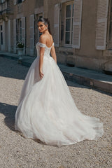Long A Line Off The Shoulder Open Back Tulle Wedding Dress with Appliques Lace