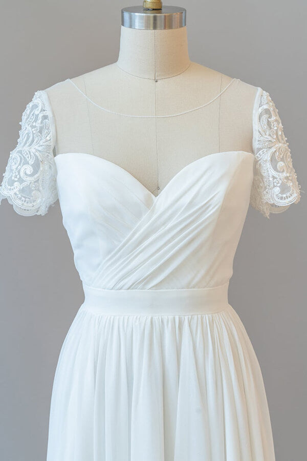 Long Sweetheart Ruffle Chiffon A-line Wedding Dress with Short Sleeve