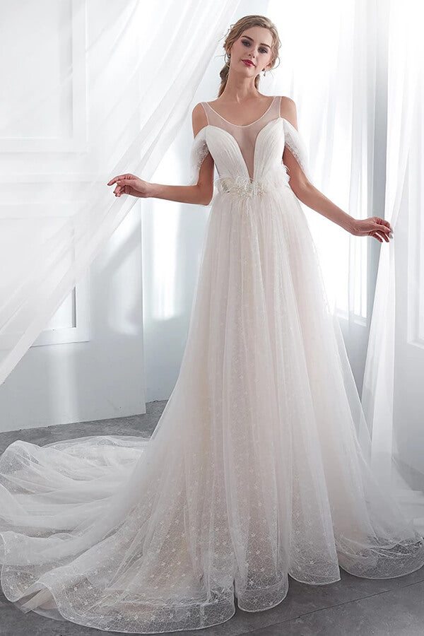 Long V-neck Ruffle Cold shoulder Tulle A-line Wedding Dress