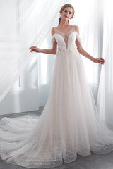 Long V-neck Ruffle Cold shoulder Tulle A-line Wedding Dress