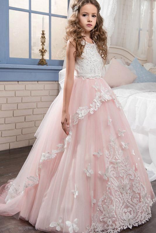 Long Tulle Lace Scoop Neck Sleeveless Ball Gown Flower Girl Dress