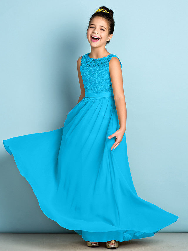 Long A-Line Scoop Neck Floor Length Chiffon Lace Junior Bridesmaid Dress