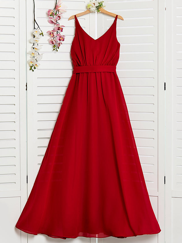 Red Long A-line Spaghetti Strap V-neck Chiffon Junior Bridesmaid Dress