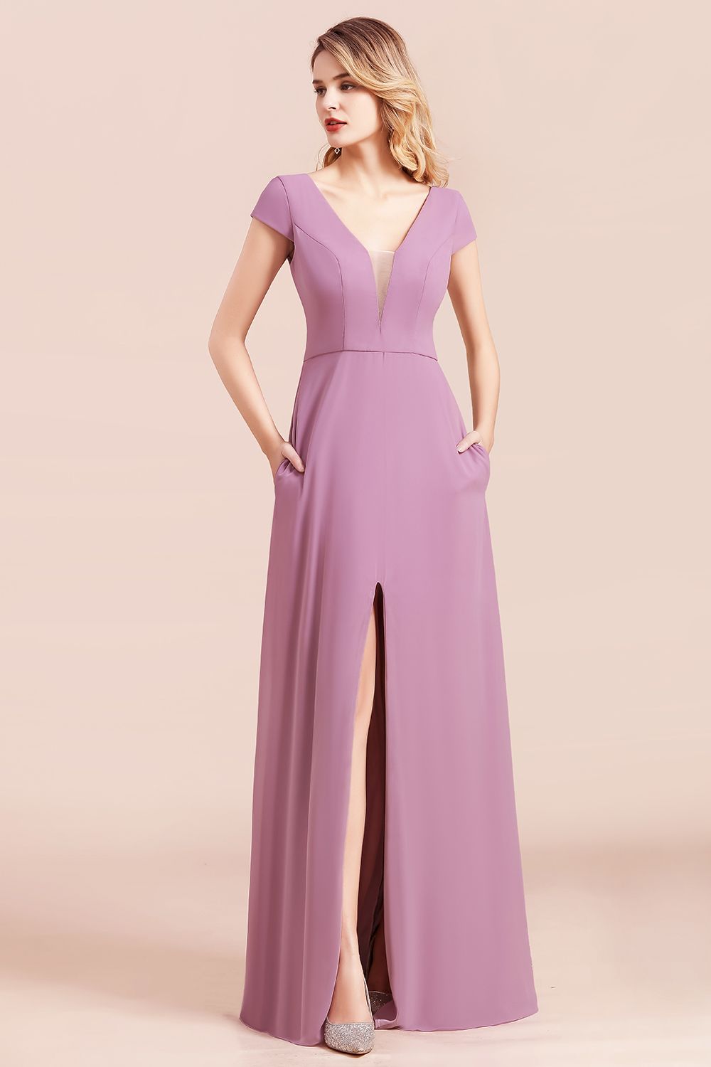 Stylish V-neck Backless A-Line Short Sleeves Chiffon Bridesmaid Dress Wth Side Slit Pockets