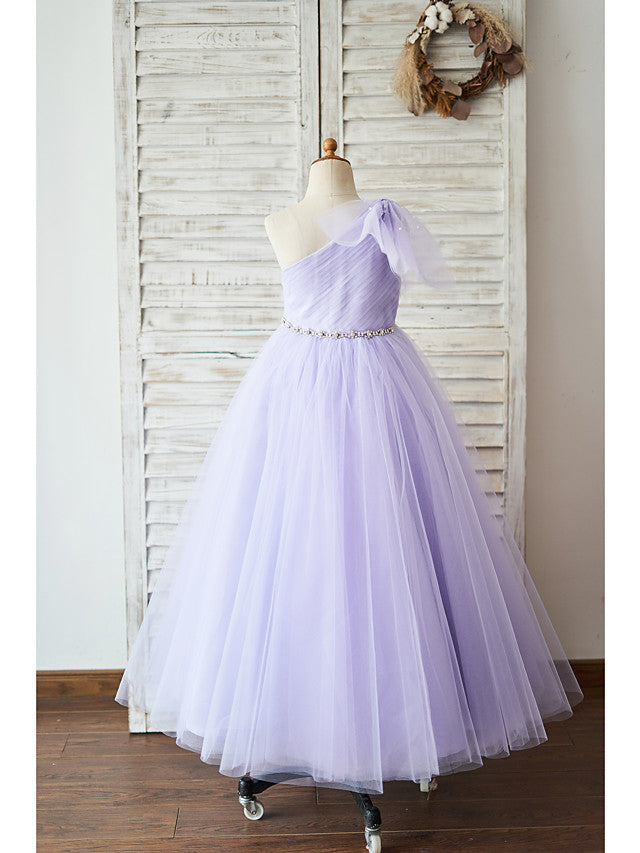 Long One Shoulder Tulle Floor Length Birthday Party Girl Dresses