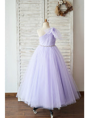 Long One Shoulder Tulle Floor Length Birthday Party Girl Dresses